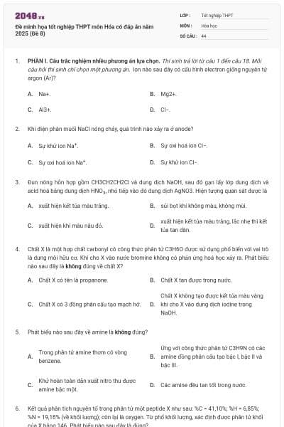 Đề minh họa tốt nghiệp THPT môn Hóa có đáp án năm 2025 (Đề 8)