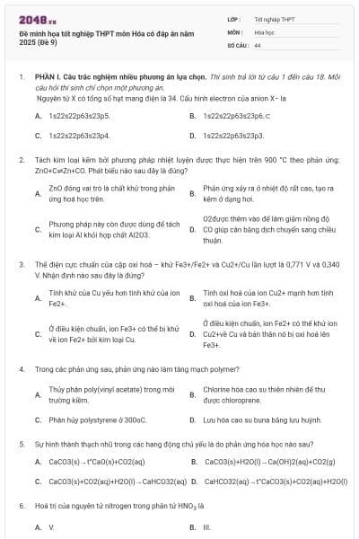 Đề minh họa tốt nghiệp THPT môn Hóa có đáp án năm 2025 (Đề 9)