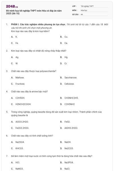 Đề minh họa tốt nghiệp THPT môn Hóa có đáp án năm 2025 (Đề 10)