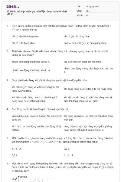 20 Đề thi thử thpt quốc gia môn Vật Lí cực hay mới nhất (đề 11)