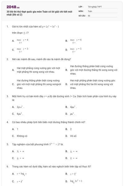 30 Đề thi thử thpt quốc gia môn Toán có lời giải chi tiết mới nhất (Đề số 2)