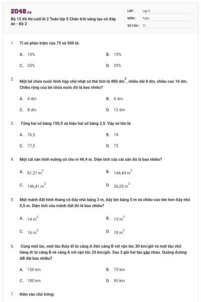 Bộ 15 đề thi cuối kì 2 Toán lớp 5 Chân trời sáng tạo có đáp án - Đề 2