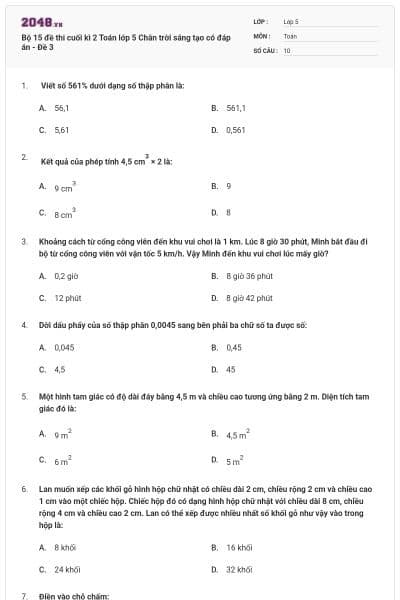 Bộ 15 đề thi cuối kì 2 Toán lớp 5 Chân trời sáng tạo có đáp án - Đề 3