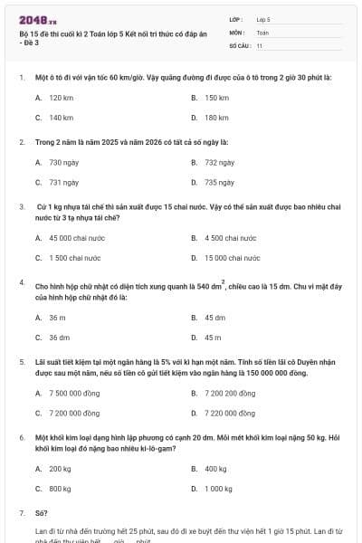 Bộ 15 đề thi cuối kì 2 Toán lớp 5 Kết nối tri thức có đáp án - Đề 3