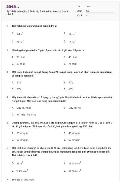 Bộ 15 đề thi cuối kì 2 Toán lớp 5 Kết nối tri thức có đáp án - Đề 5