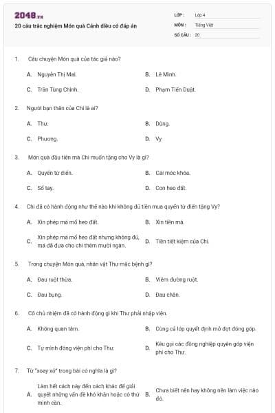 20 câu trắc nghiệm Món quà Cánh diều có đáp án