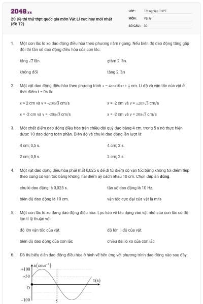20 Đề thi thử thpt quốc gia môn Vật Lí cực hay mới nhất (đề 12)
