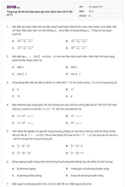 Tổng hợp đề thi thử thpt quốc gia môn Vật lí năm 2019 (đề số 7)