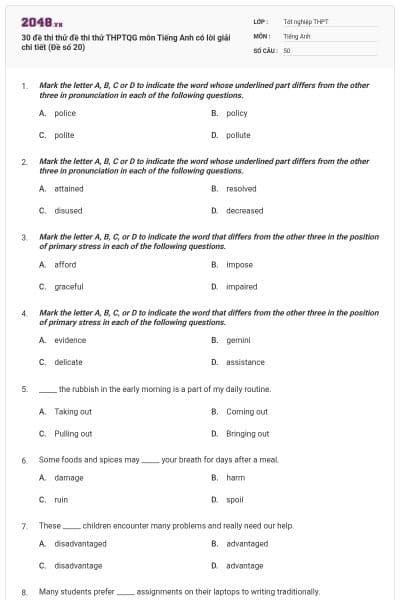 30 đề thi thử đề thi thử THPTQG môn Tiếng Anh có lời giải chi tiết (Đề số 20)