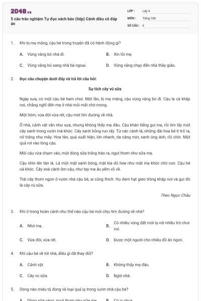 5 câu trắc nghiệm Tự đọc sách báo (tiếp) Cánh diều có đáp án