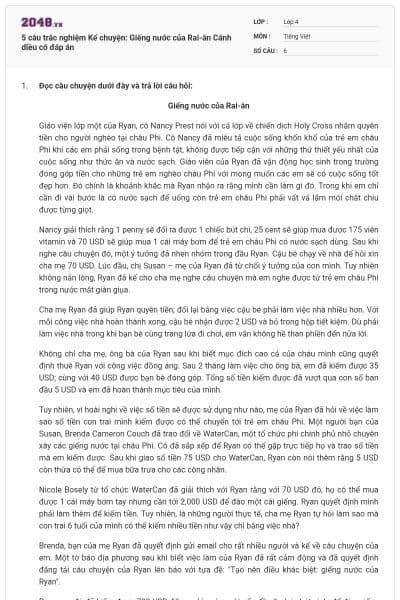 5 câu trắc nghiệm Kể chuyện: Giếng nước của Rai-ân Cánh diều có đáp án