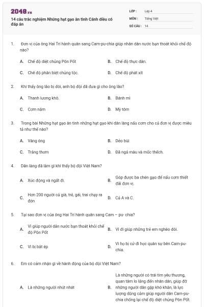 14 câu trắc nghiệm Những hạt gạo ân tình Cánh diều có đáp án