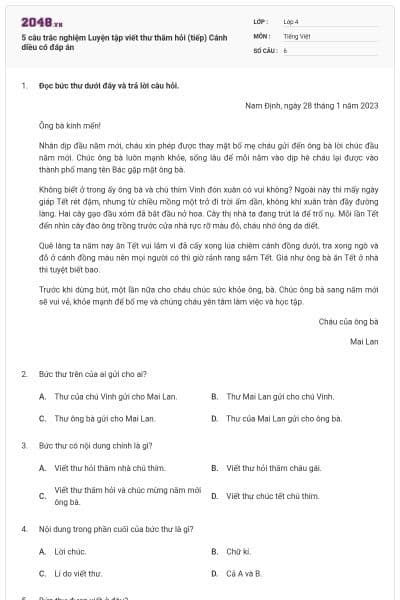 5 câu trắc nghiệm Luyện tập viết thư thăm hỏi (tiếp) Cánh diều có đáp án