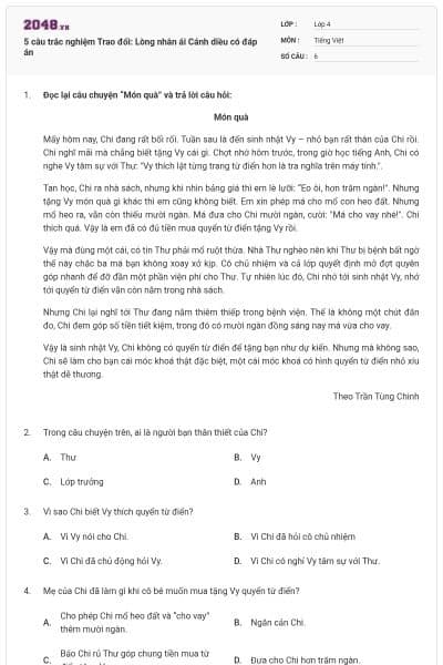 5 câu trắc nghiệm Trao đổi: Lòng nhân ái Cánh diều có đáp án