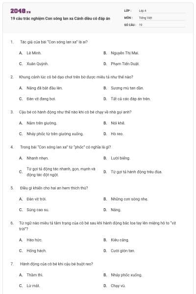 19 câu trắc nghiệm Con sóng lan xa Cánh diều có đáp án