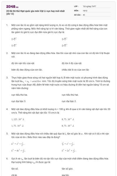 20 Đề thi thử thpt quốc gia môn Vật Lí cực hay mới nhất (đề 13)