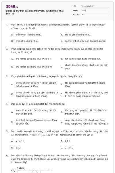 20 Đề thi thử thpt quốc gia môn Vật Lí cực hay mới nhất (đề 11)