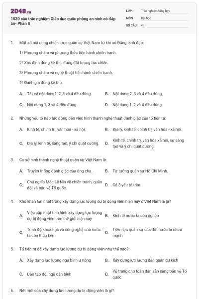 1530 câu trắc nghiệm Giáo dục quốc phòng an ninh có đáp án- Phần 8