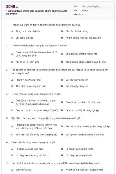 1530 câu trắc nghiệm Giáo dục quốc phòng an ninh có đáp án- Phần 9