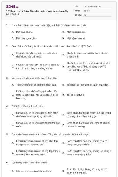 1530 câu trắc nghiệm Giáo dục quốc phòng an ninh có đáp án- Phần 16