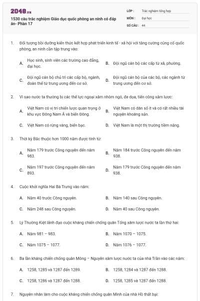 1530 câu trắc nghiệm Giáo dục quốc phòng an ninh có đáp án- Phần 17