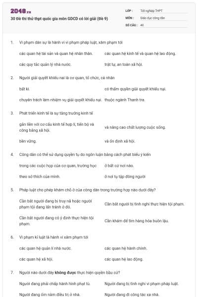 30 Đề thi thử thpt quốc gia môn GDCD có lời giải (Đề 9)