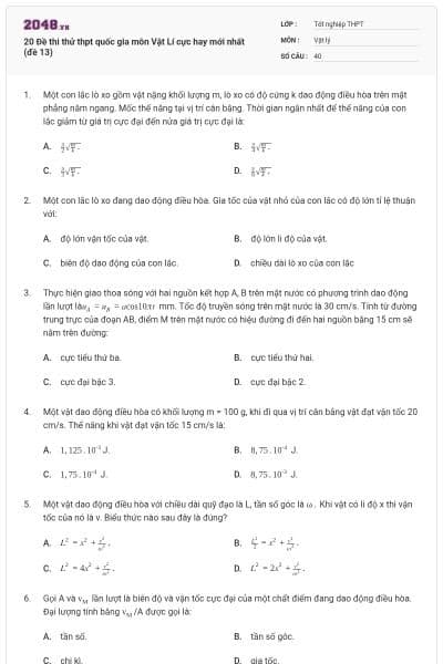 20 Đề thi thử thpt quốc gia môn Vật Lí cực hay mới nhất (đề 13)