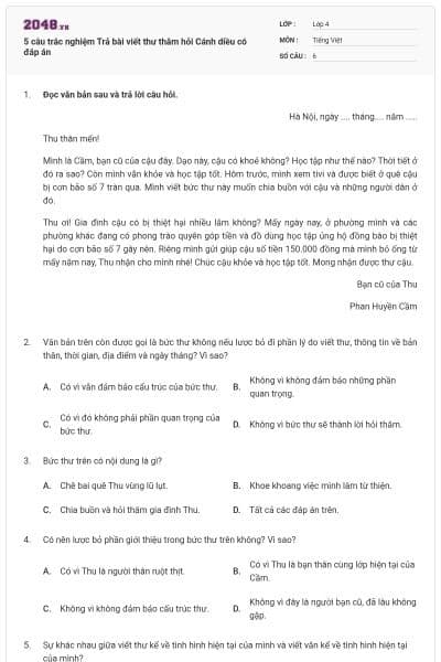 5 câu trắc nghiệm Trả bài viết thư thăm hỏi Cánh diều có đáp án