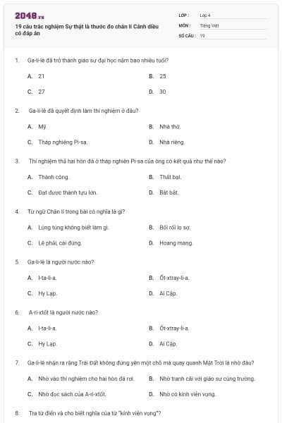 19 câu trắc nghiệm Sự thật là thước đo chân lí Cánh diều có đáp án