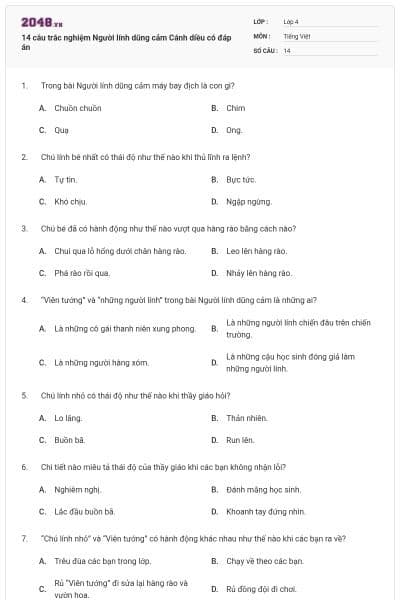 14 câu trắc nghiệm Người lính dũng cảm Cánh diều có đáp án