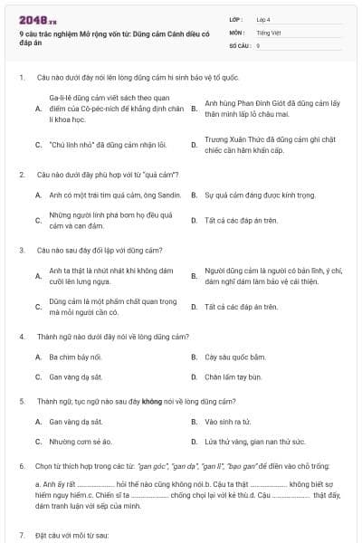 9 câu trắc nghiệm Mở rộng vốn từ: Dũng cảm Cánh diều có đáp án