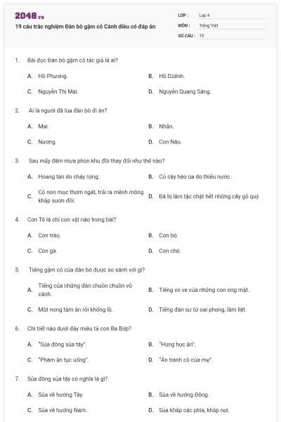 19 câu trắc nghiệm Đàn bò gặm cỏ Cánh diều có đáp án