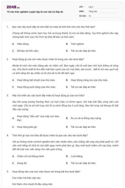 10 câu trắc nghiệm Luyện tập tả con vật có đáp án