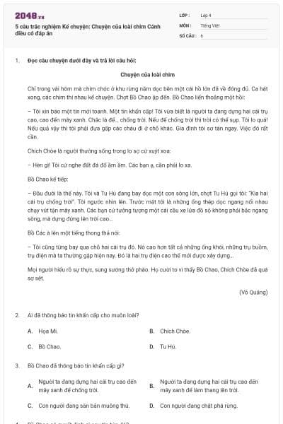 5 câu trắc nghiệm Kể chuyện: Chuyện của loài chim Cánh diều có đáp án
