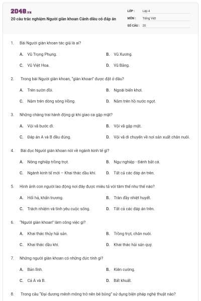 20 câu trắc nghiệm Người giàn khoan Cánh diều có đáp án