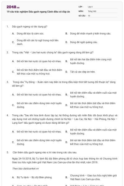 19 câu trắc nghiệm Dấu gạch ngang Cánh diều có đáp án