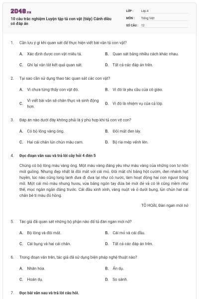 10 câu trắc nghiệm Luyện tập tả con vật (tiếp) Cánh diều có đáp án