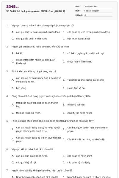 30 Đề thi thử thpt quốc gia môn GDCD có lời giải (Đề 9)