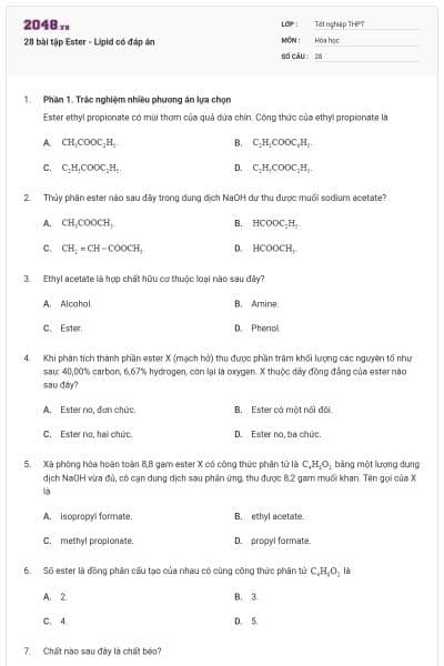28 bài tập Ester - Lipid có đáp án