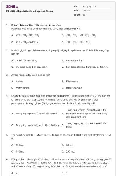 28 bài tập Hợp chất chứa nitrogen có đáp án