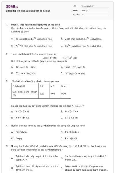 28 bài tập Pin điện và điện phân có đáp án
