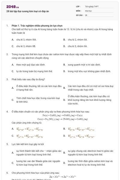 28 bài tập Đại cương kim loại có đáp án