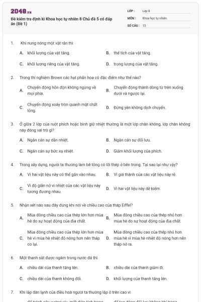 Đề kiểm tra định kì Khoa học tự nhiên 8 Chủ đề 5 có đáp án (Đề 1)