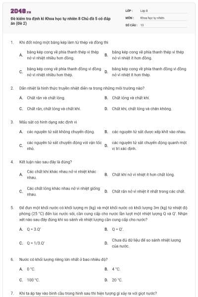 Đề kiểm tra định kì Khoa học tự nhiên 8 Chủ đề 5 có đáp án (Đề 2)