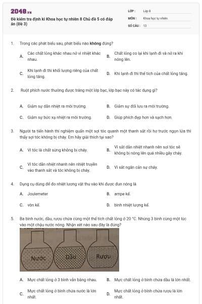 Đề kiểm tra định kì Khoa học tự nhiên 8 Chủ đề 5 có đáp án (Đề 3)