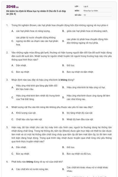 Đề kiểm tra định kì Khoa học tự nhiên 8 Chủ đề 5 có đáp án (Đề 4)