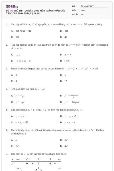 ĐỀ THI THỬ THPTQG NĂM 2019 MÔN TOÁN CHUẨN CẤU TRÚC CỦA BỘ GIÁO DỤC ( Đề 16)
