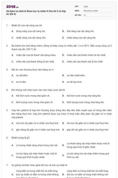 Đề kiểm tra định kì Khoa học tự nhiên 8 Chủ đề 5 có đáp án (Đề 6)
