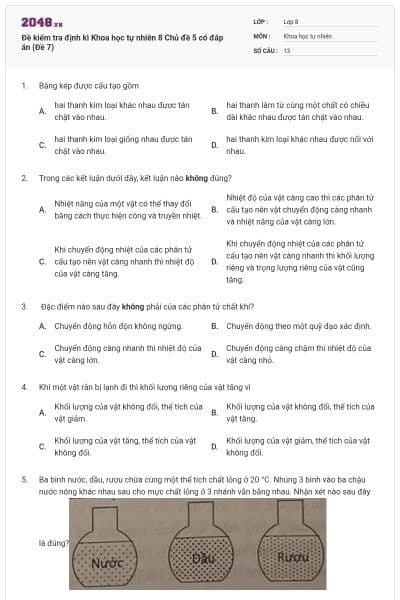 Đề kiểm tra định kì Khoa học tự nhiên 8 Chủ đề 5 có đáp án (Đề 7)