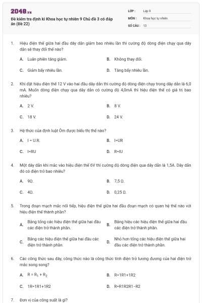 Đề kiểm tra định kì Khoa học tự nhiên 9 Chủ đề 3 có đáp án (Đề 22)